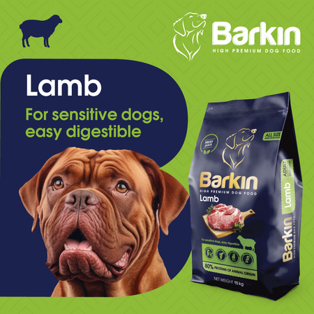 Karma sucha PREMIUM dla psa BARKIN JAGNIĘCINA 15KG